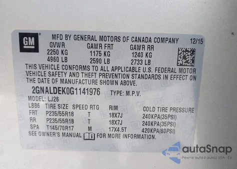 2016 Chevrolet Equinox Ltz z USA, uszkodzony, nr VIN 2GNALDEK0G1141976